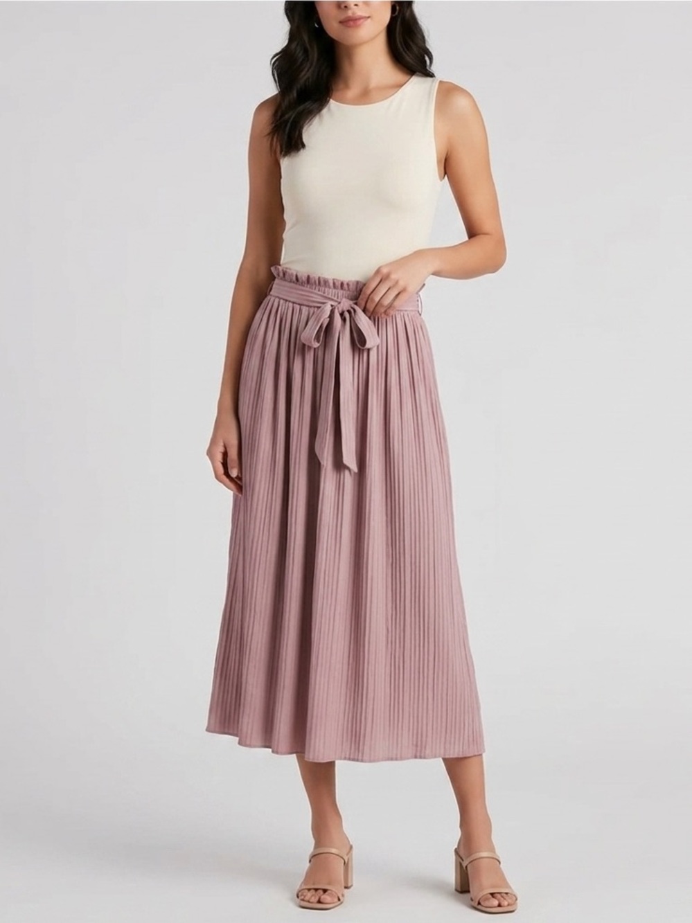 Jon & Anna Pleated Midi Skirt in Dusty Rose with Tie Waist, Size Medium